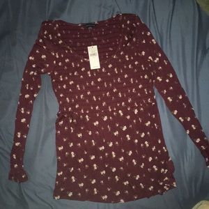Long sleeve print top, maroon with flowers
